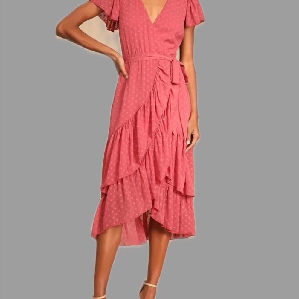 Mauve Swiss Dot Ruffled Faux Wrap Midi Dress. NWT